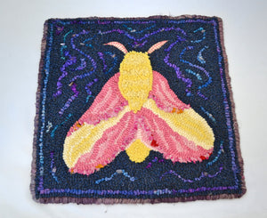 12" x 12" Hooked Rug Table Mat or Wall Hanging - "Rosy Maple Moth" (Finished)